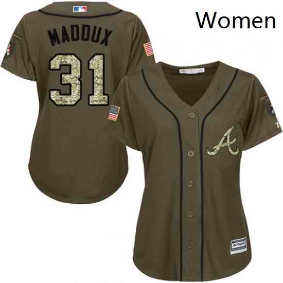 Womens Majestic Atlanta Braves 31 Greg Maddux Replica Green Salute to Service MLB Jersey